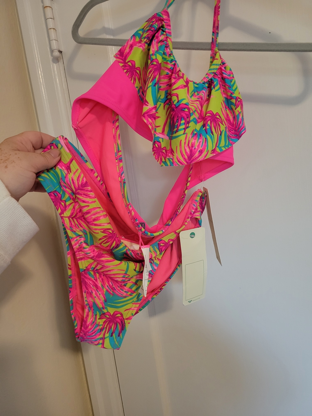 NWT Roxy Girls' Neon Pink Tropical Print Swim Set Size 16